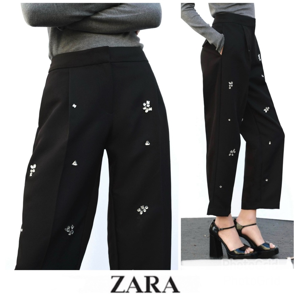 ZARA NEW Black Jewel Bead Embellish High Waist Straight Leg  Trousers Pant Sz M
